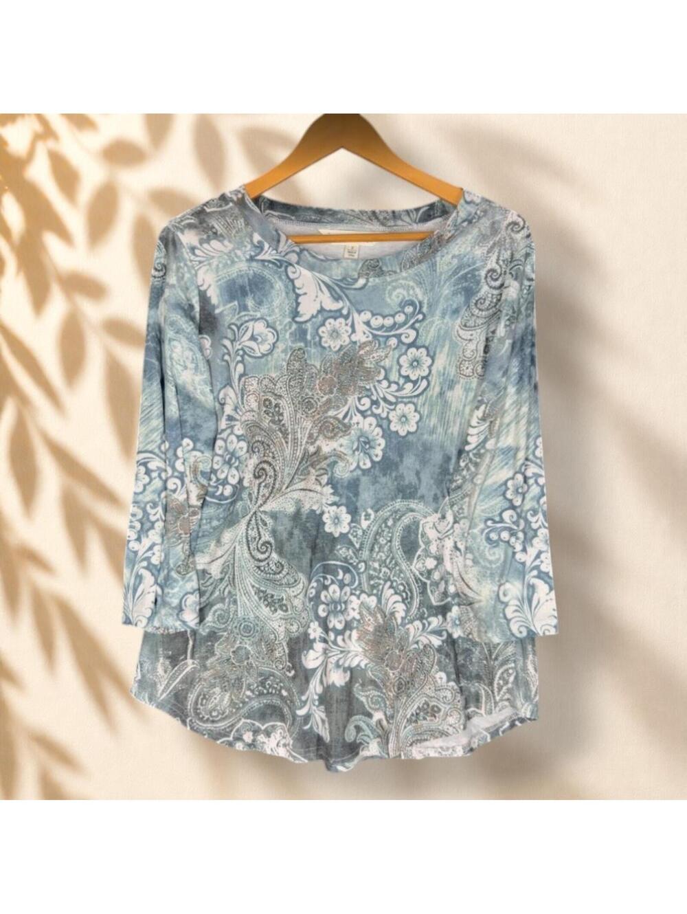 Tantrums Top Women S Small Gray Floral 3/4 Sleeve Round Neck Pullover Casual